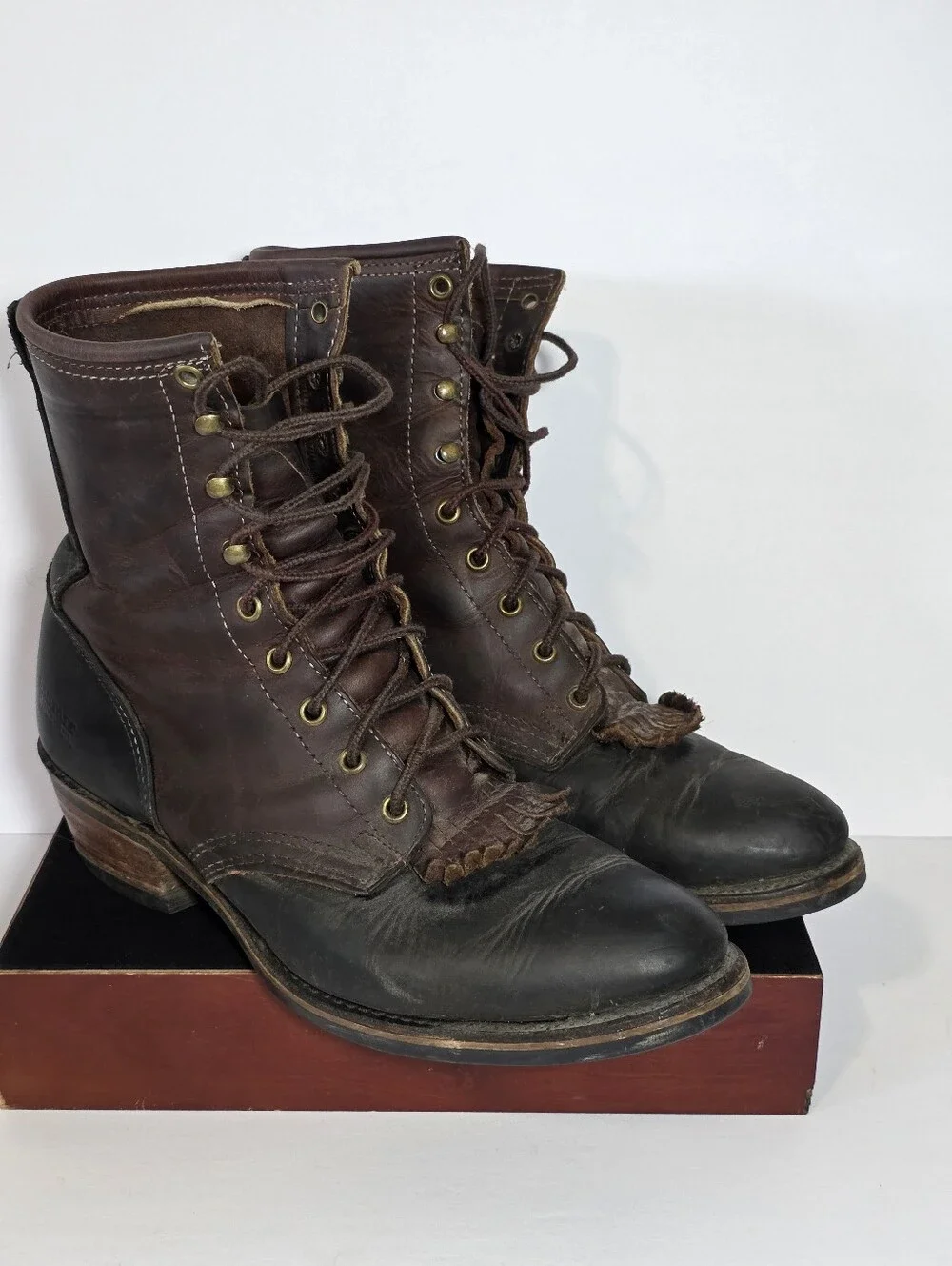 Santa Fe Boot Co Vintage Leather Logger Work Boots Brown Black Size 9 Vibram